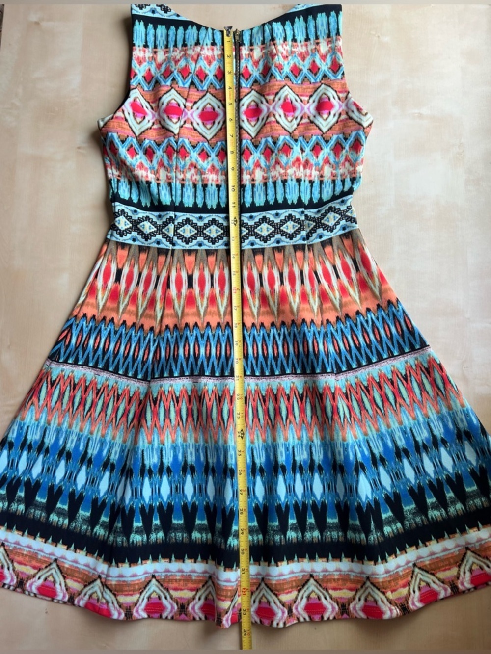 Gabby Skye Multicolor Boho Aztec Print Sleeveless Swing Dress - Turquoise, Coral - Picture 8 of 10